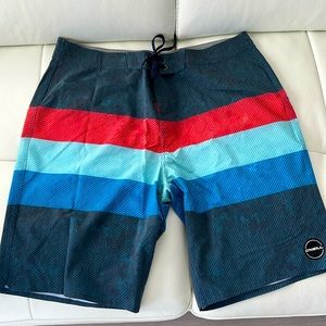 O’Neill Board Shorts EUC, Worn Once-Gray, Blue, Aqua & Red stripe pattern Sz 33